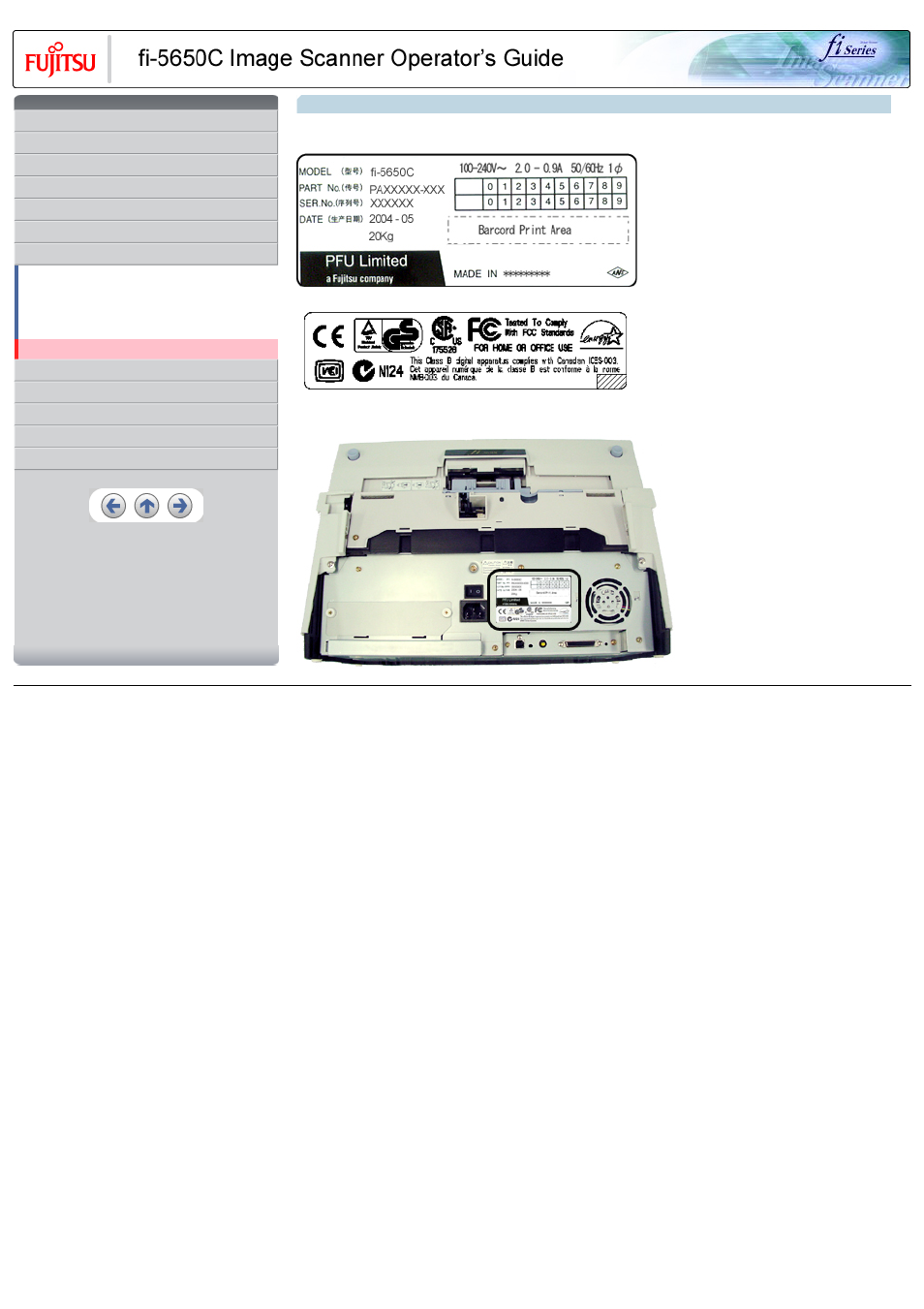 4 checking labels on the scanner, For details on the serial no., refer to section, 4 checking | Labels on the scanner | FUJITSU Image Scanner fi-5650C User Manual | Page 129 / 161