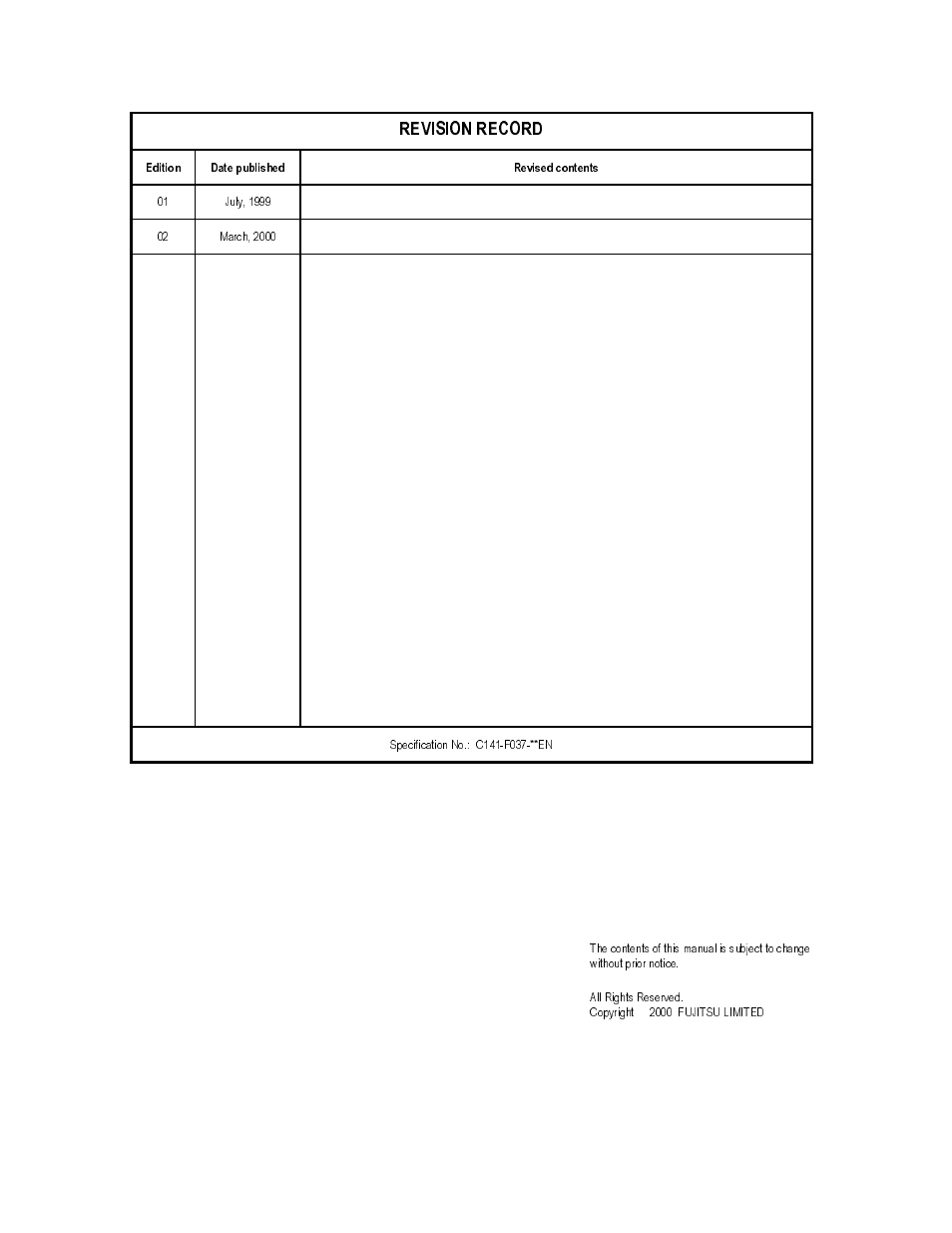 Revision record | FUJITSU MAF3364FC User Manual | Page 2 / 61