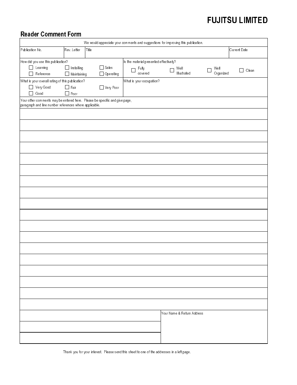 Reader comment form | FUJITSU MAF3364FC User Manual | Page 60 / 61