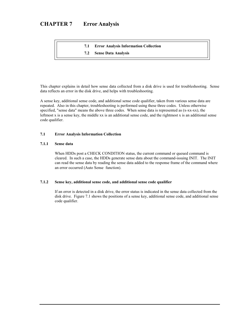 Chapter 7 error analysis, 1 error analysis information collection, 1 sense data | FUJITSU MAX3036RC User Manual | Page 79 / 94