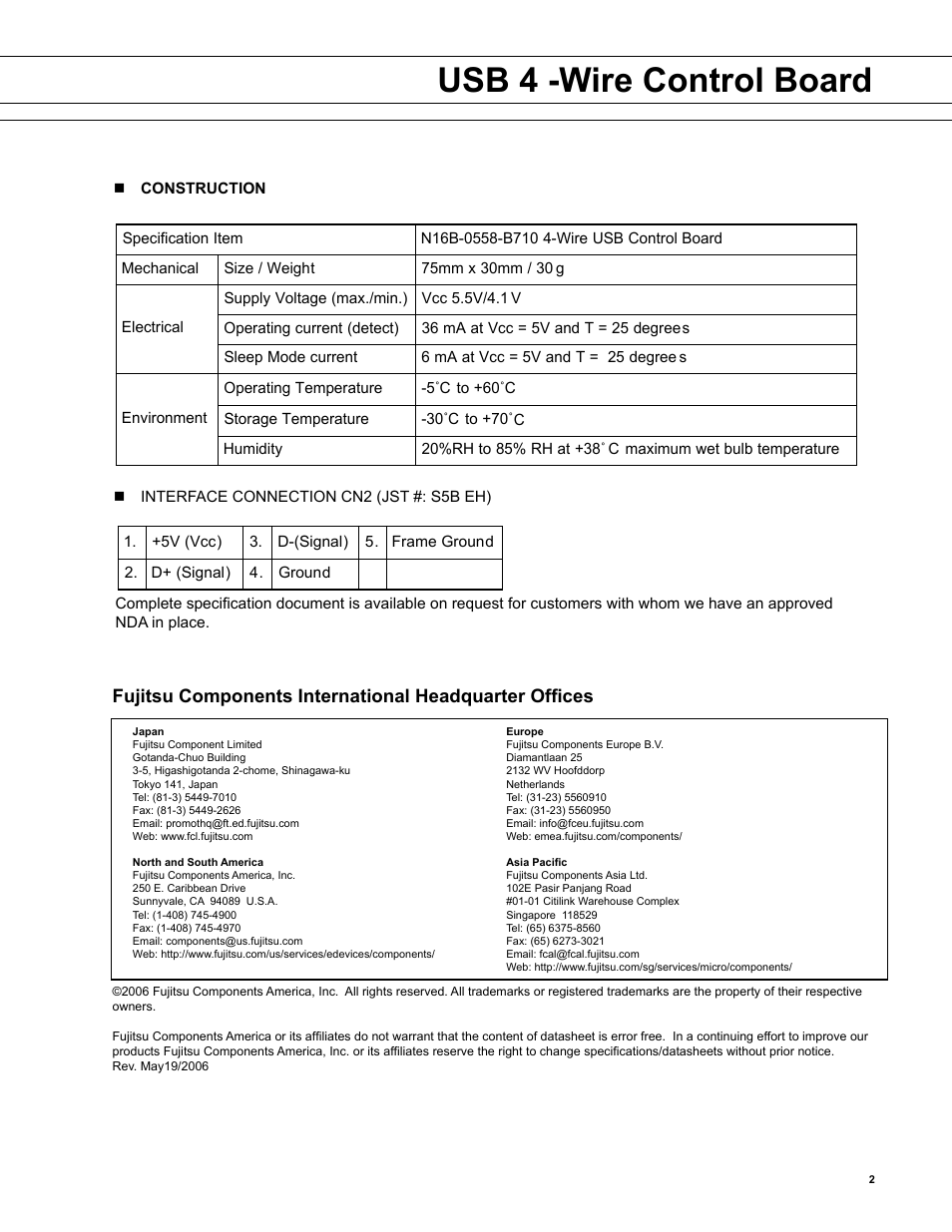 Usb 4 -wire control board | FUJITSU N6B-0558-B70 User Manual | Page 2 / 2