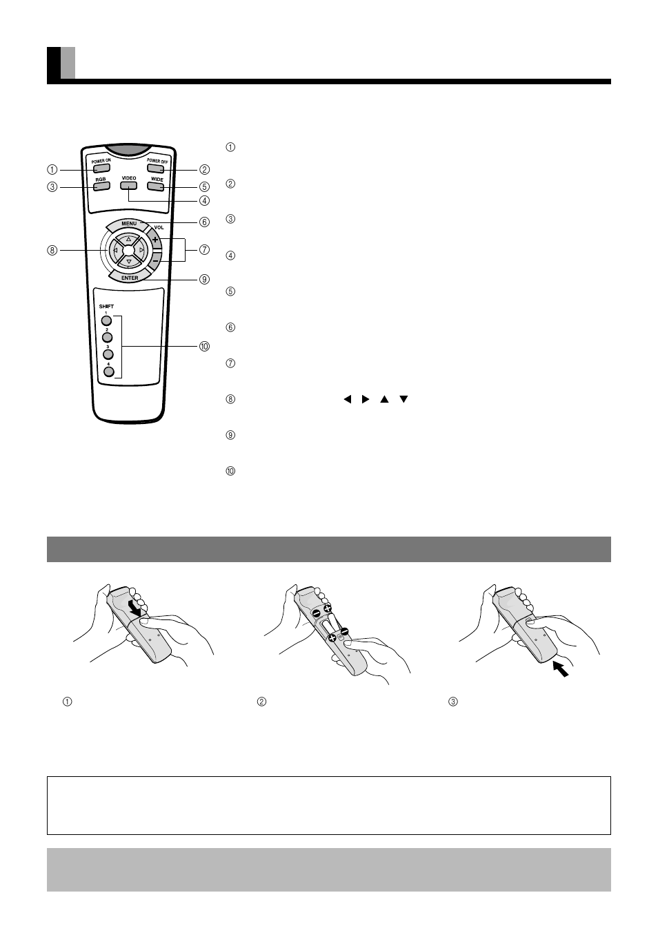 Part names and functions (continued), E-10, Putting batteries in the remote control | Caution | FUJITSU PLASMAVISION PDS5002W User Manual | Page 12 / 42