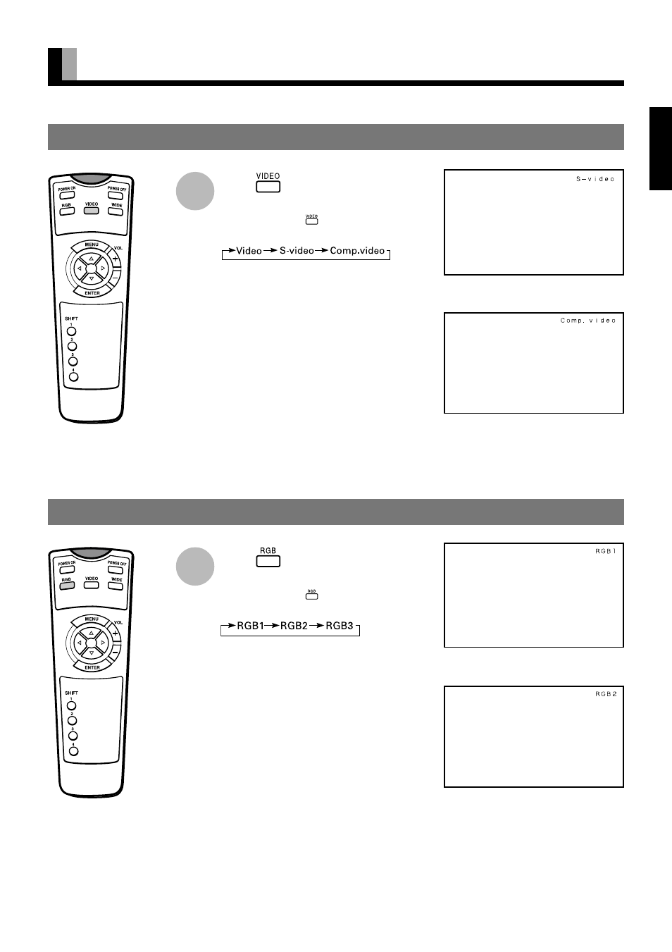 Selecting input mode, E-15, Video input mode rgb input mode | FUJITSU PLASMAVISION PDS5002W User Manual | Page 17 / 42