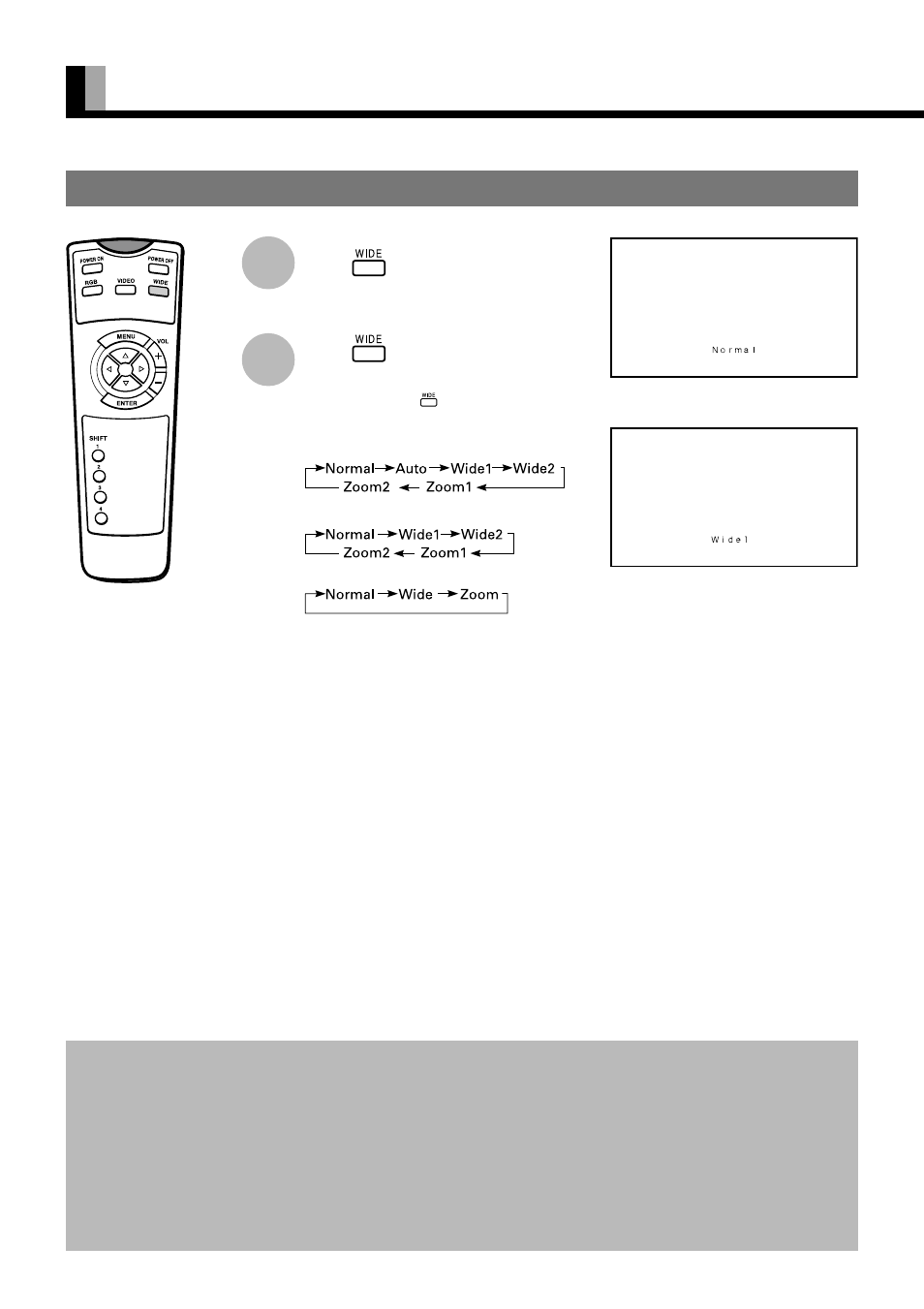 Watching pictures on the wide screen, E-16, Switching between screen sizes | FUJITSU PLASMAVISION PDS5002W User Manual | Page 18 / 42