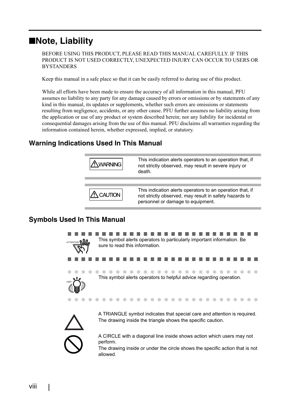 Note, liability, Viii | FUJITSU fi-4120C2 User Manual | Page 10 / 130