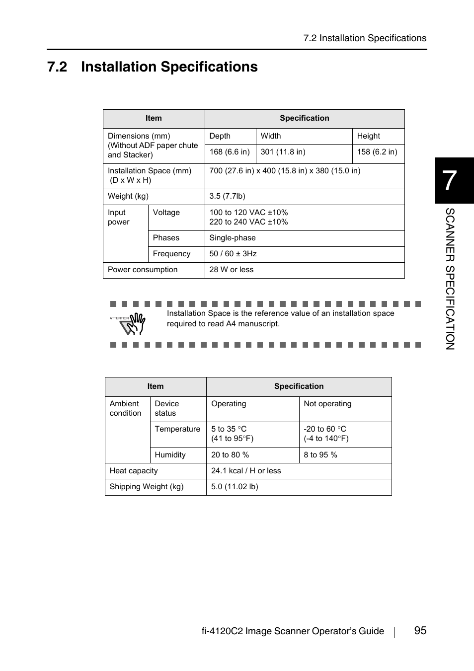 2 installation specifications, 95 scanner specification | FUJITSU fi-4120C2 User Manual | Page 111 / 130