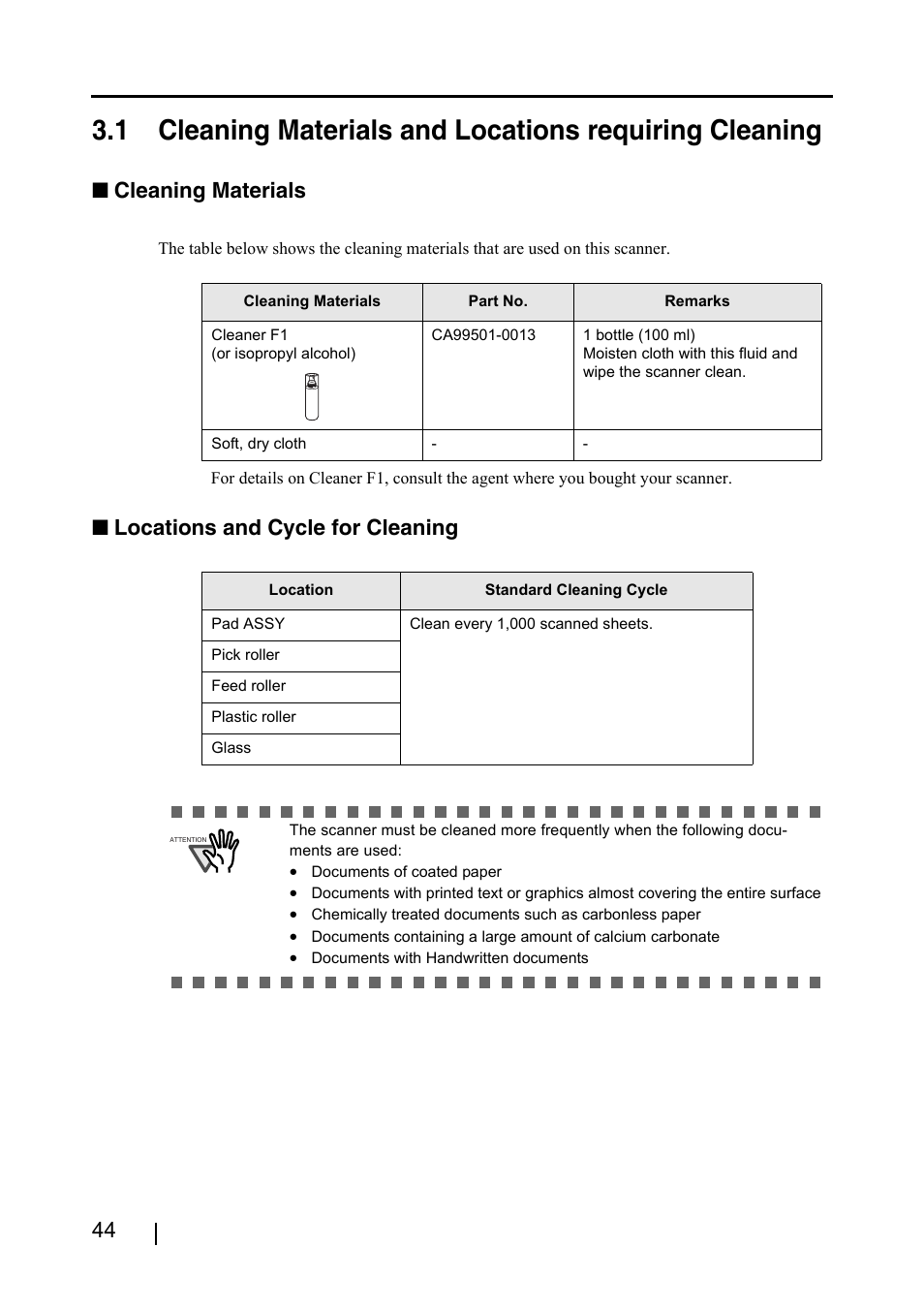 Cleaning materials, Locations and cycle for cleaning | FUJITSU fi-4120C2 User Manual | Page 60 / 130