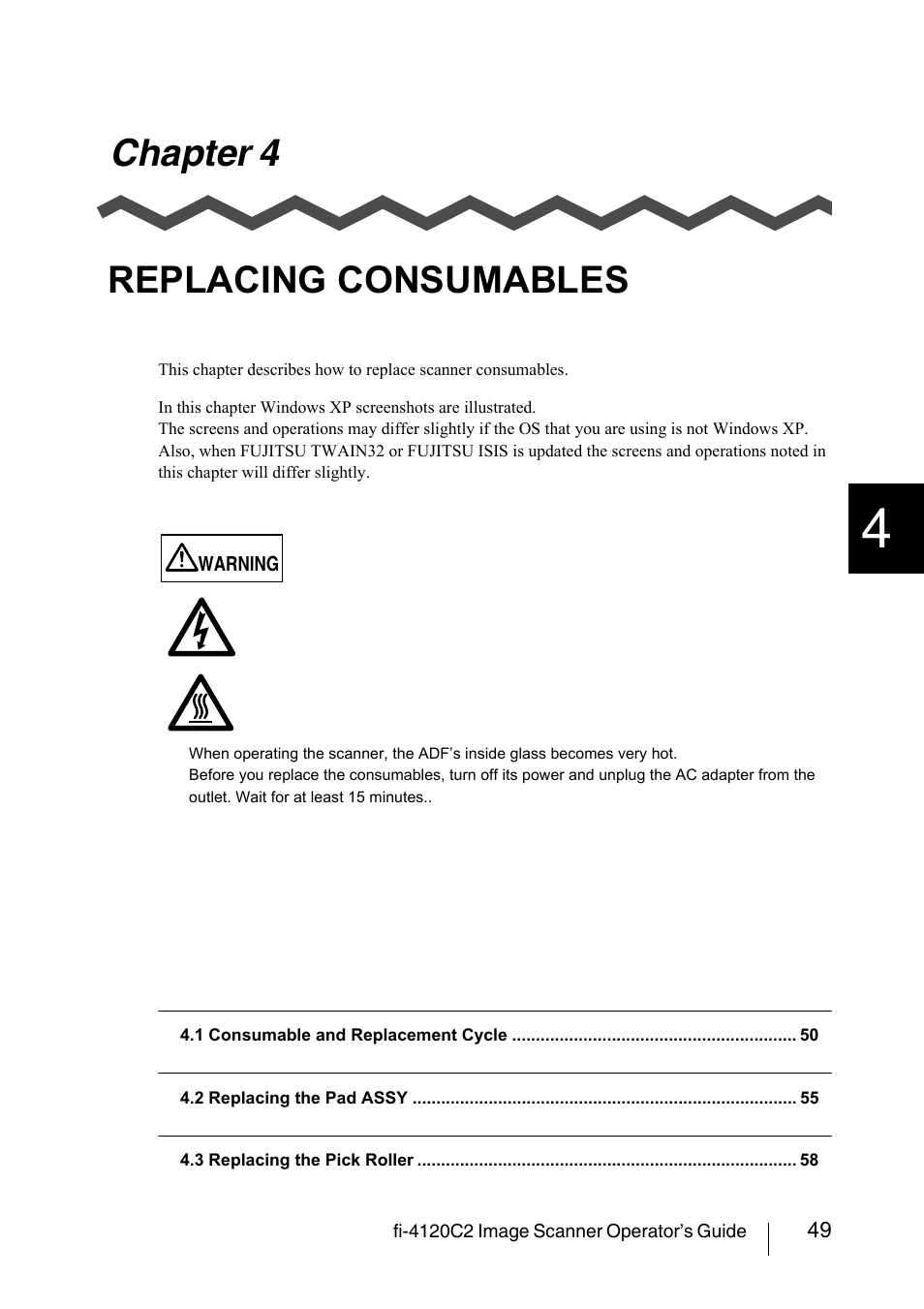 Chapter 4 replacing consumables, Chapter 4, Replacing consumables | FUJITSU fi-4120C2 User Manual | Page 65 / 130