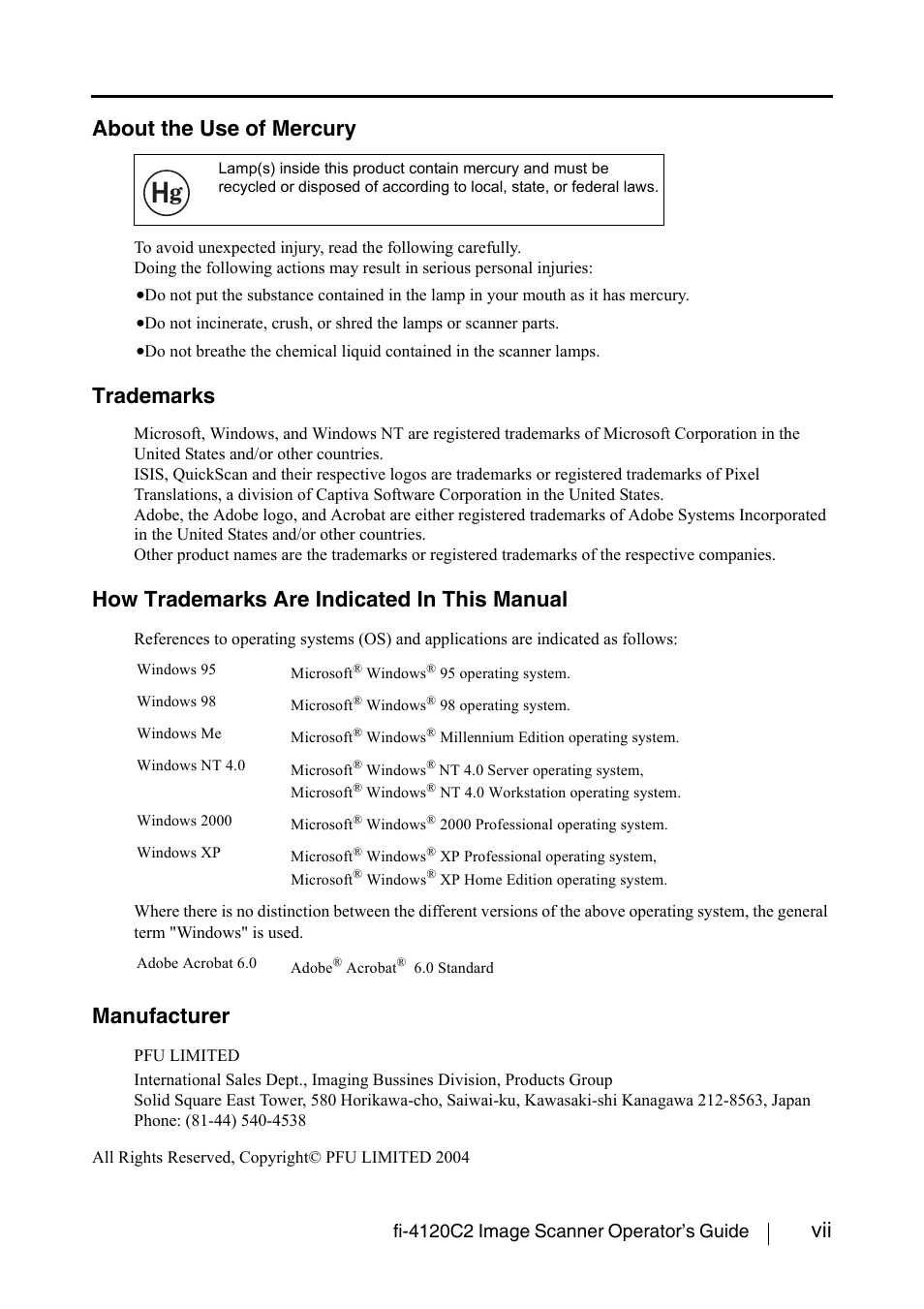 Vii about the use of mercury, Trademarks, How trademarks are indicated in this manual | Manufacturer | FUJITSU fi-4120C2 User Manual | Page 9 / 130