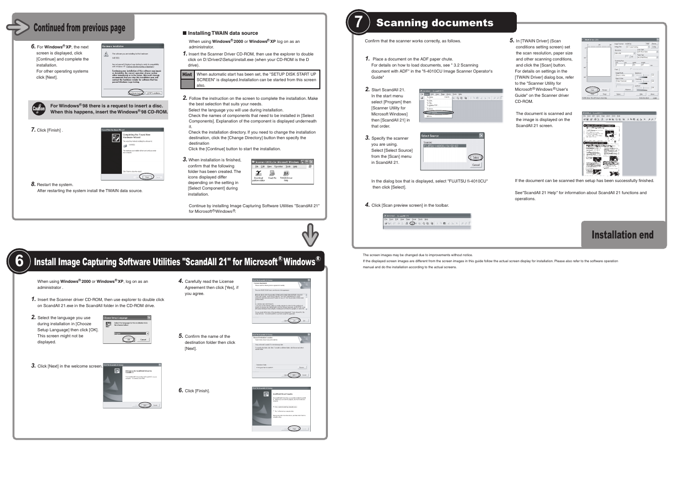 Installation end, Continued from previous page, Scanning documents | Windows | FUJITSU fi-4010CU User Manual | Page 2 / 2