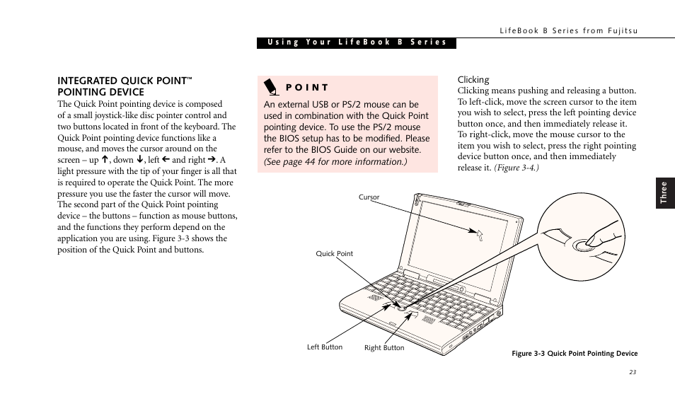 Integrated quick point, Pointing device | FUJITSU LIFEBOOK B142 User Manual | Page 33 / 112