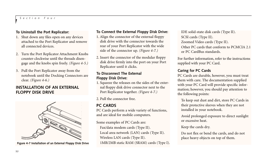 Installation of an external floppy disk drive, Pc cards | FUJITSU LIFEBOOK B142 User Manual | Page 60 / 112