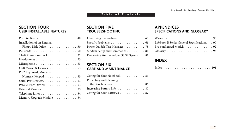 Appendices, Index | FUJITSU LIFEBOOK B142 User Manual | Page 8 / 112