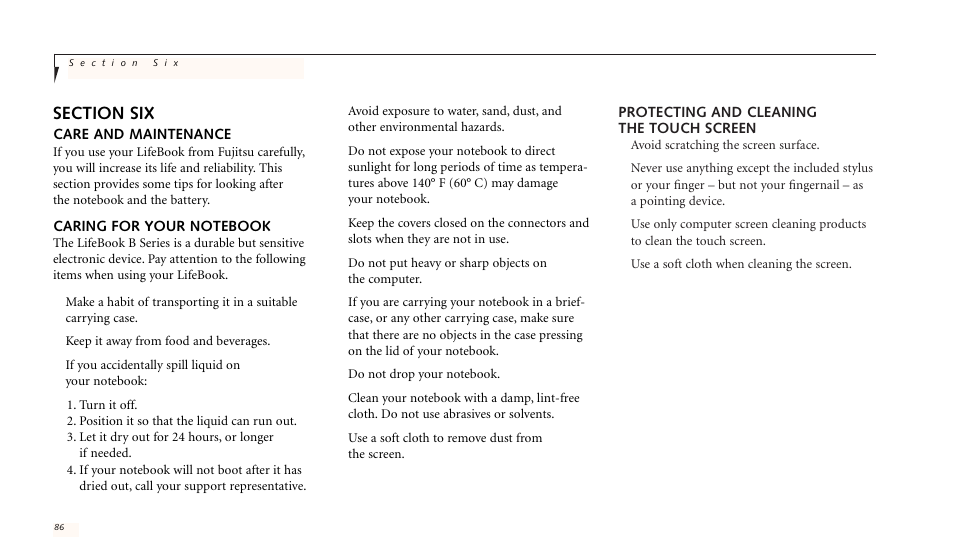 Protecting and cleaning the touch screen, Care and maintenance | FUJITSU LIFEBOOK B142 User Manual | Page 94 / 112