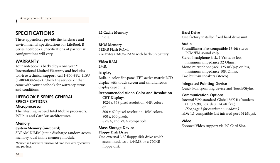 Specifications | FUJITSU LIFEBOOK B142 User Manual | Page 97 / 112