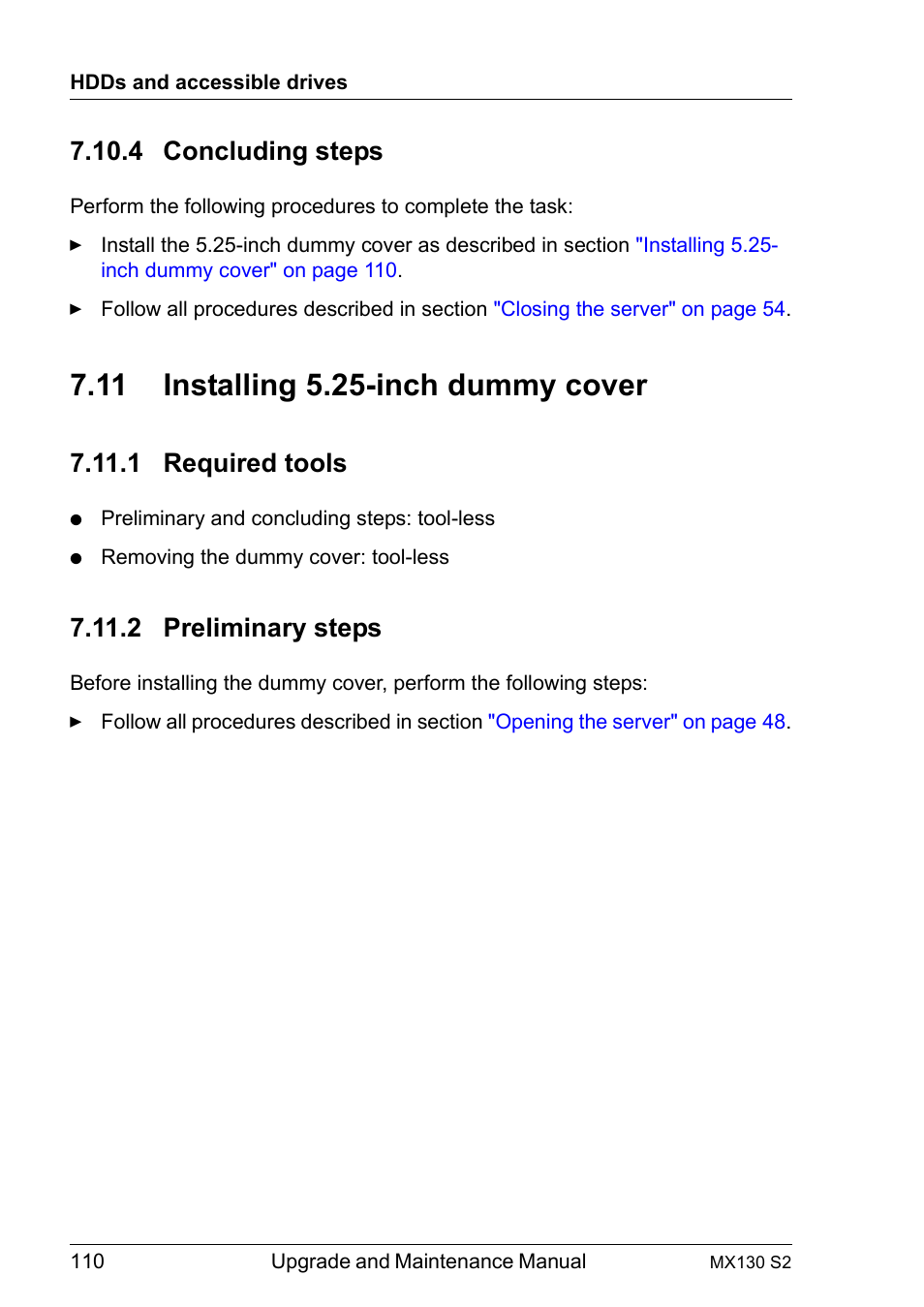 4 concluding steps, 11 installing 5.25-inch dummy cover, 1 required tools | 2 preliminary steps, Concluding steps, Installing 5.25-inch dummy cover, Required tools, Preliminary steps, Installing 5.25 | FUJITSU PRIMERGY MX130 S2 User Manual | Page 110 / 256