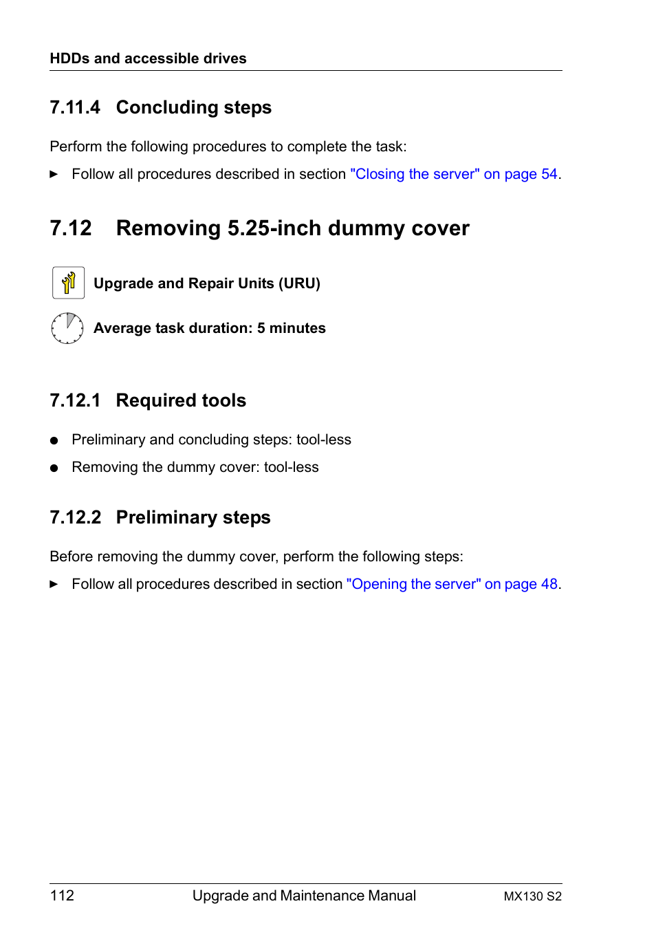 4 concluding steps, 12 removing 5.25-inch dummy cover, 1 required tools | 2 preliminary steps, Concluding steps, Removing 5.25-inch dummy cover, Required tools, Preliminary steps | FUJITSU PRIMERGY MX130 S2 User Manual | Page 112 / 256