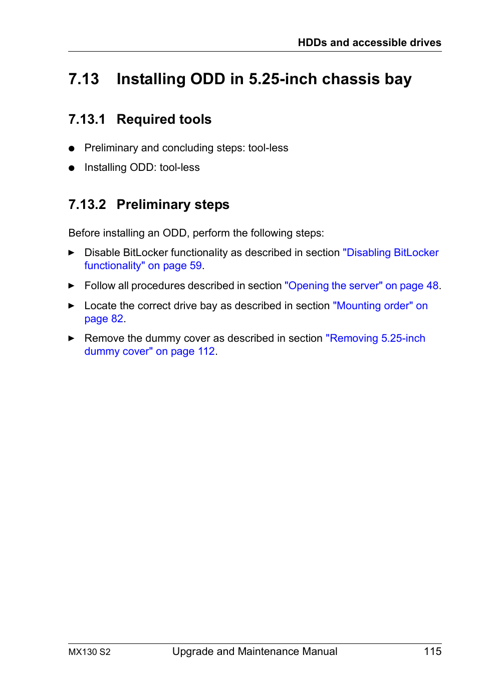 13 installing odd in 5.25-inch chassis bay, 1 required tools, 2 preliminary steps | Installing odd in 5.25-inch chassis bay, Required tools, Preliminary steps | FUJITSU PRIMERGY MX130 S2 User Manual | Page 115 / 256