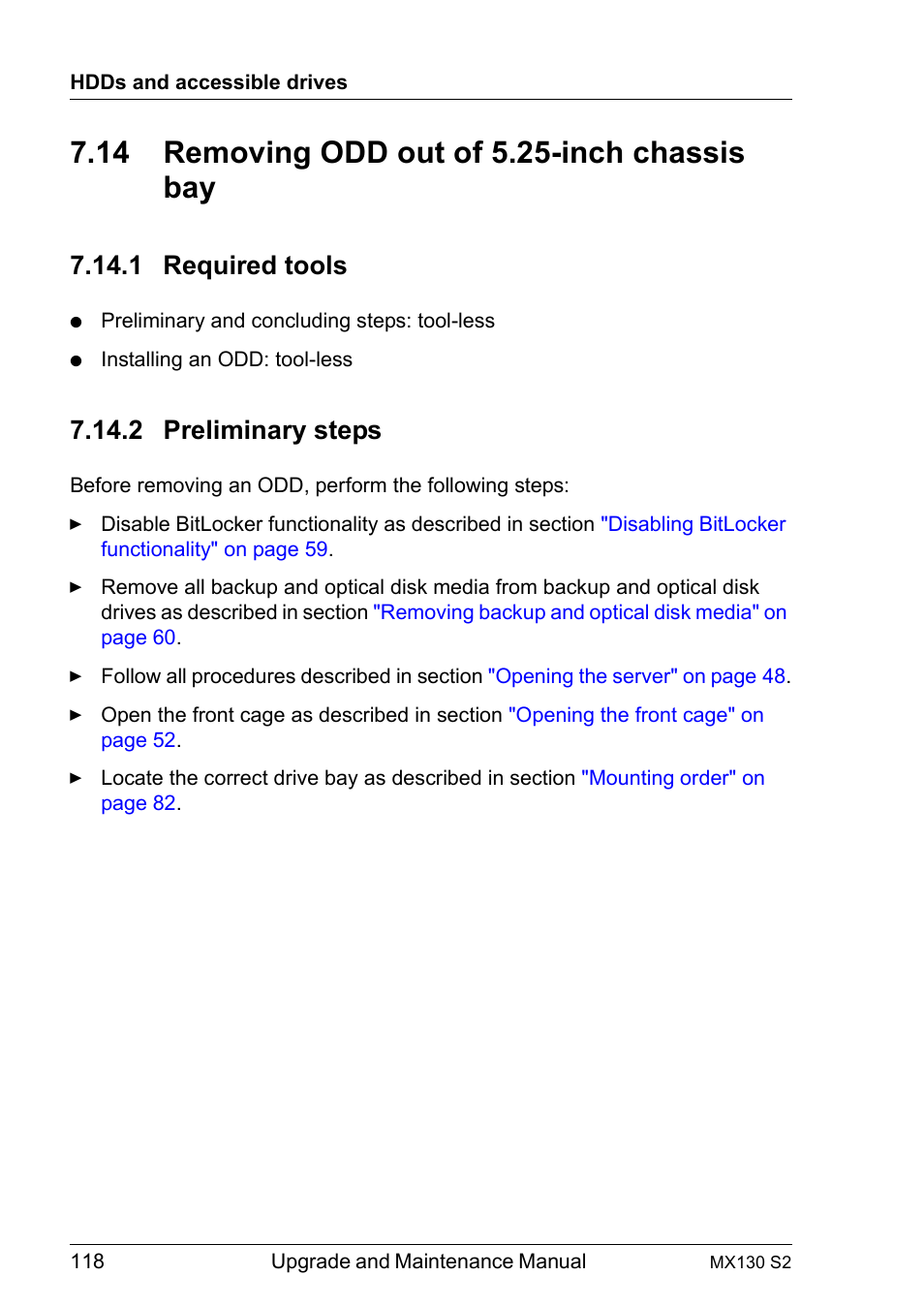 14 removing odd out of 5.25-inch chassis bay, 1 required tools, 2 preliminary steps | Removing odd out of 5.25-inch chassis bay, Required tools, Preliminary steps | FUJITSU PRIMERGY MX130 S2 User Manual | Page 118 / 256