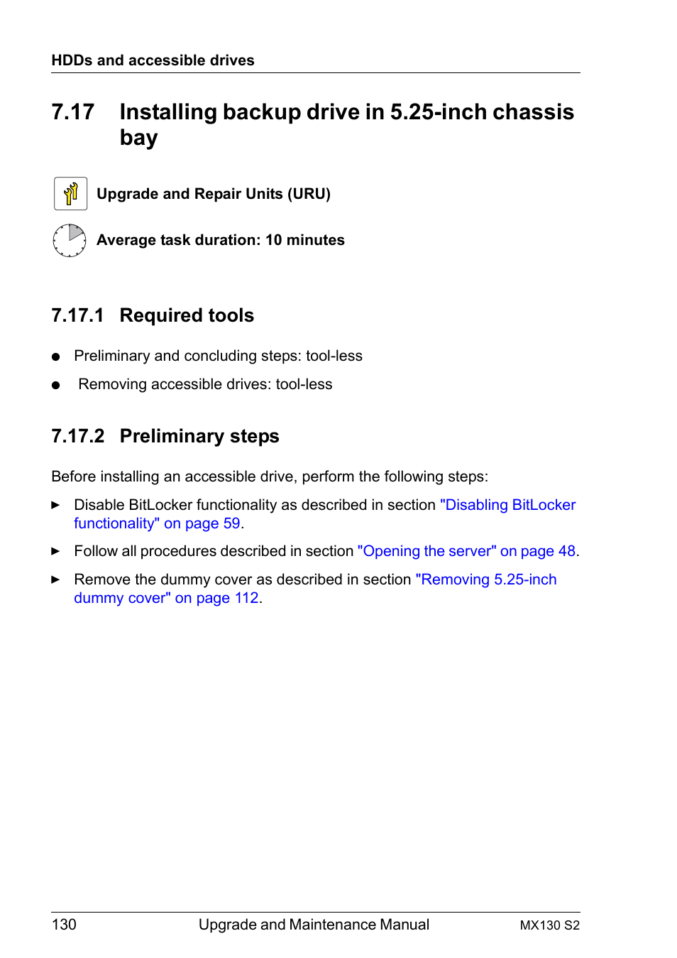 1 required tools, 2 preliminary steps, Installing backup drive in 5.25-inch chassis bay | Required tools, Preliminary steps | FUJITSU PRIMERGY MX130 S2 User Manual | Page 130 / 256