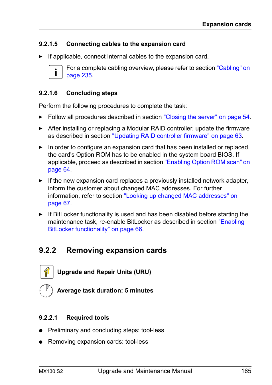 5 connecting cables to the expansion card, 6 concluding steps, 2 removing expansion cards | 1 required tools, Connecting cables to the expansion card, Concluding steps, Removing expansion cards, Required tools | FUJITSU PRIMERGY MX130 S2 User Manual | Page 165 / 256