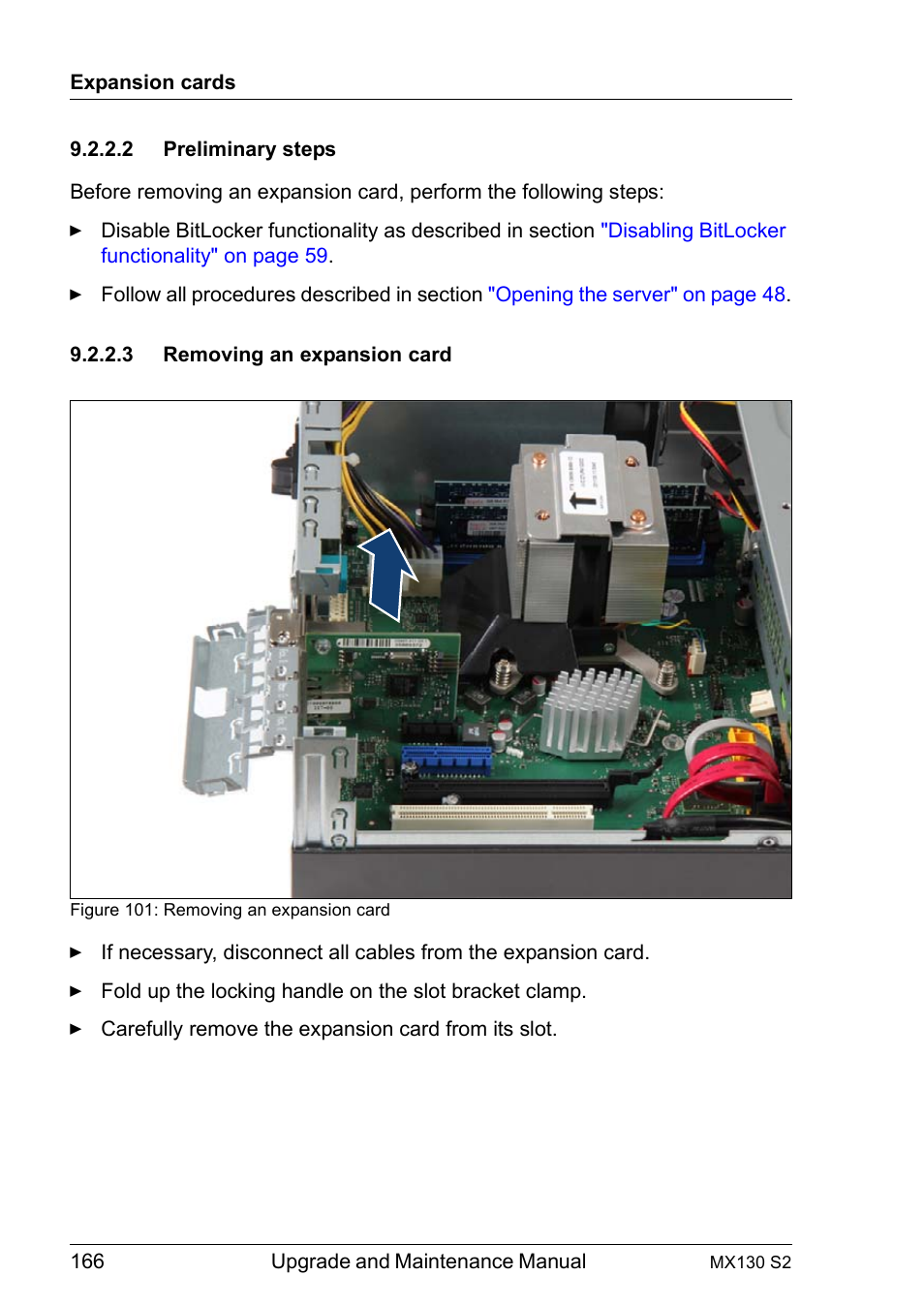 2 preliminary steps, 3 removing an expansion card, Preliminary steps | Removing an expansion card | FUJITSU PRIMERGY MX130 S2 User Manual | Page 166 / 256