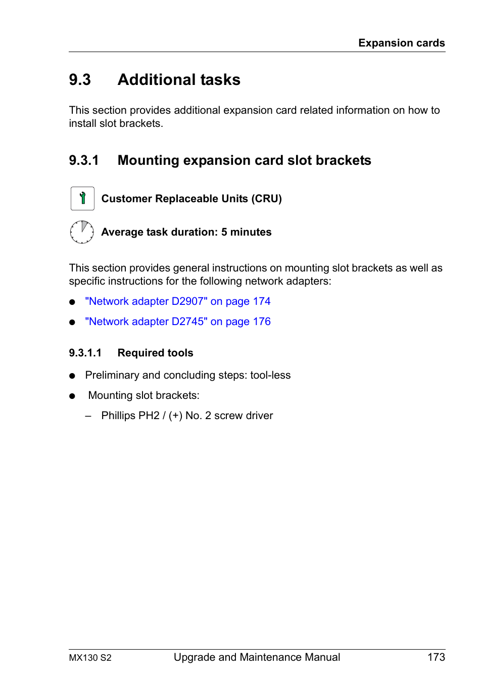 3 additional tasks, 1 mounting expansion card slot brackets, 1 required tools | Additional tasks, Mounting expansion card slot brackets, Required tools | FUJITSU PRIMERGY MX130 S2 User Manual | Page 173 / 256