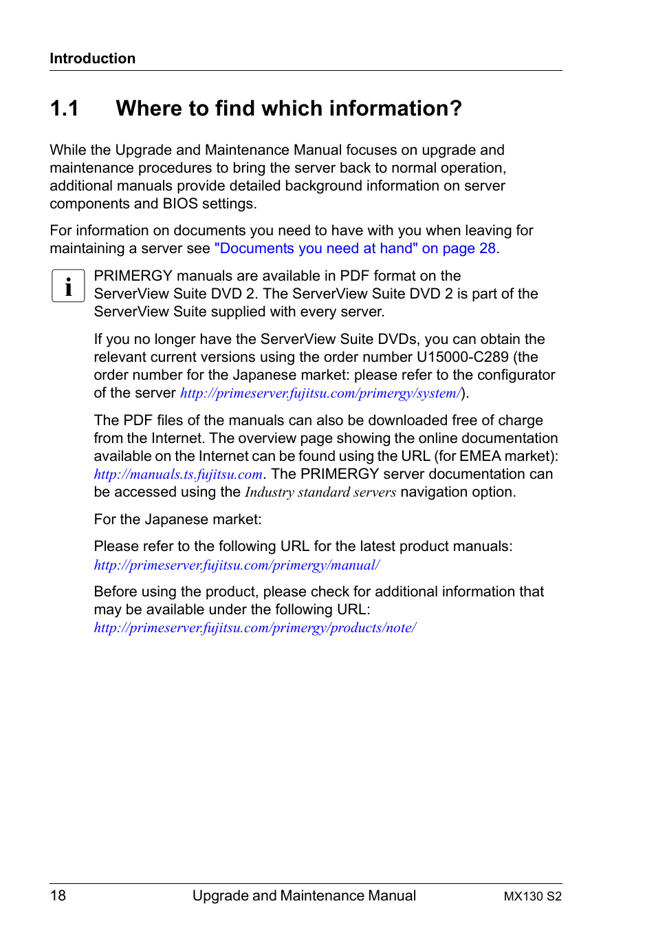 1 where to find which information, Where to find which information | FUJITSU PRIMERGY MX130 S2 User Manual | Page 18 / 256