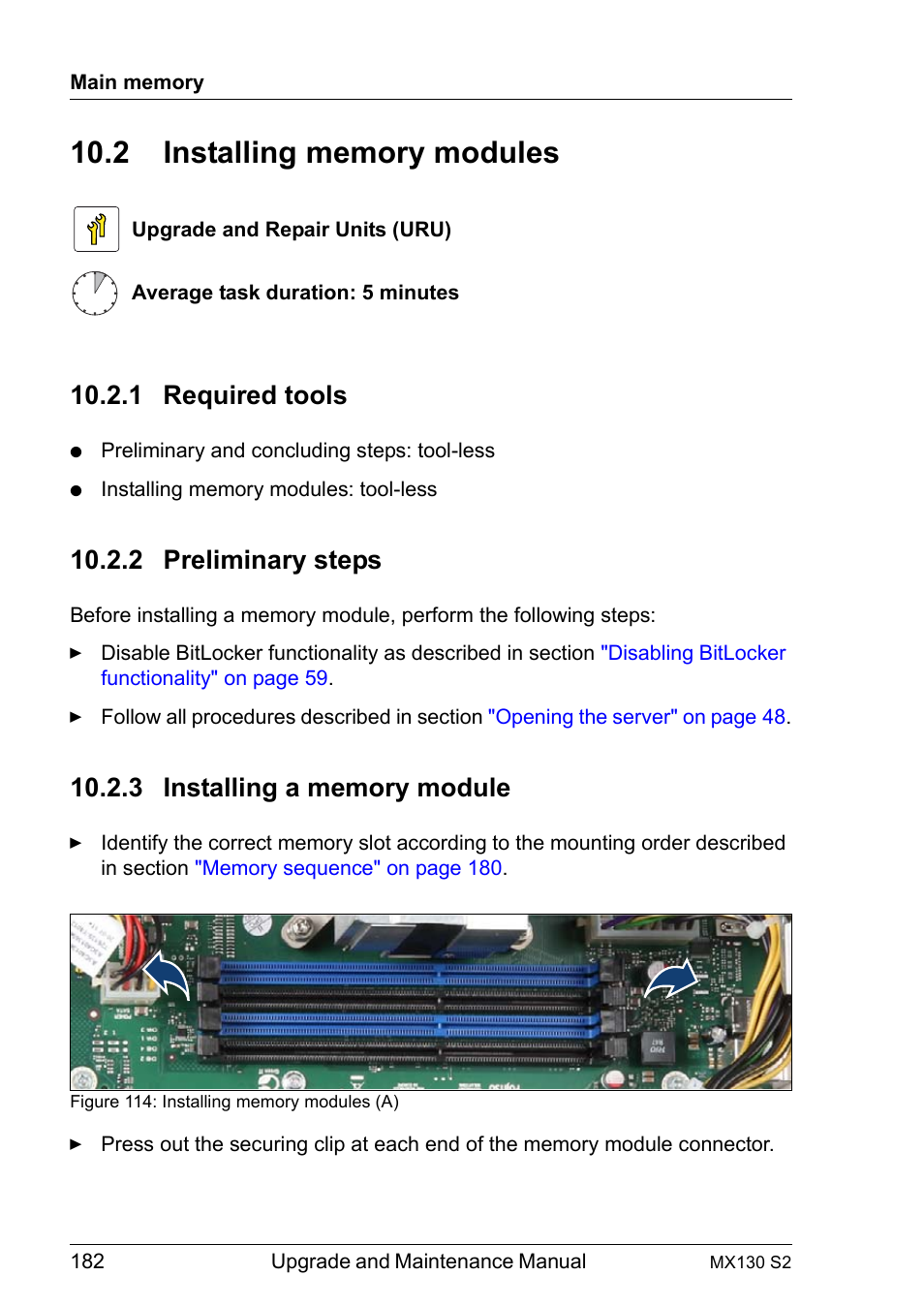 2 installing memory modules, 1 required tools, 2 preliminary steps | 3 installing a memory module, Installing memory modules, Required tools, Preliminary steps, Installing a memory module | FUJITSU PRIMERGY MX130 S2 User Manual | Page 182 / 256