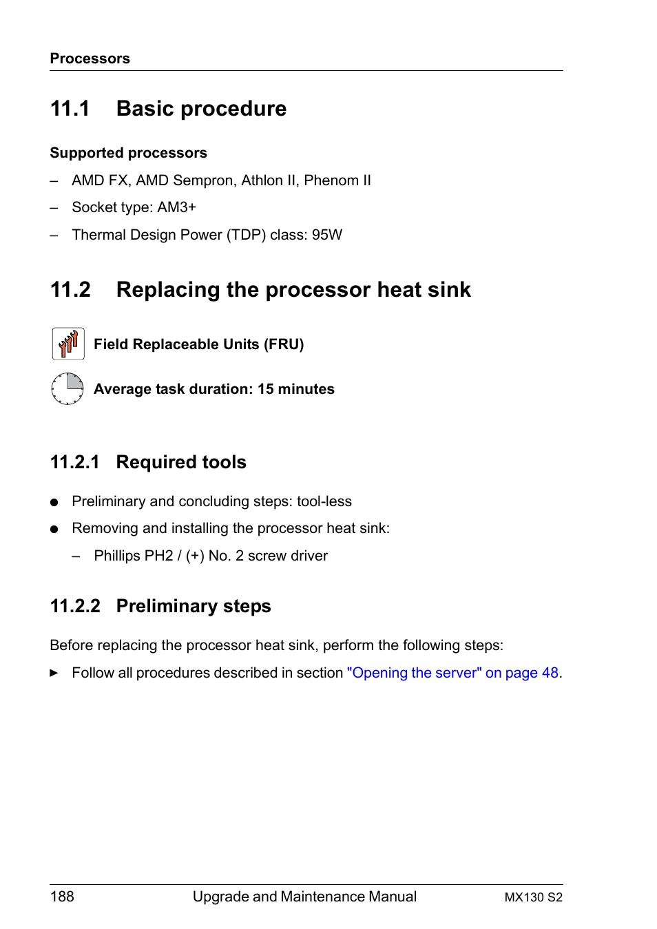 1 basic procedure, 2 replacing the processor heat sink, 1 required tools | 2 preliminary steps, Basic procedure, Replacing the processor heat sink, Required tools, Preliminary steps, Basic procedure" on | FUJITSU PRIMERGY MX130 S2 User Manual | Page 188 / 256