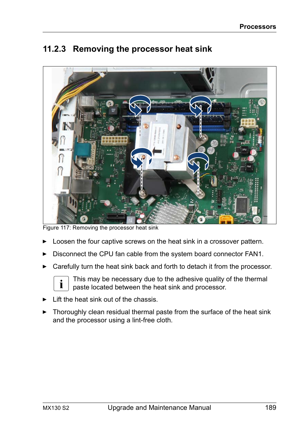 3 removing the processor heat sink, Removing the processor heat sink | FUJITSU PRIMERGY MX130 S2 User Manual | Page 189 / 256