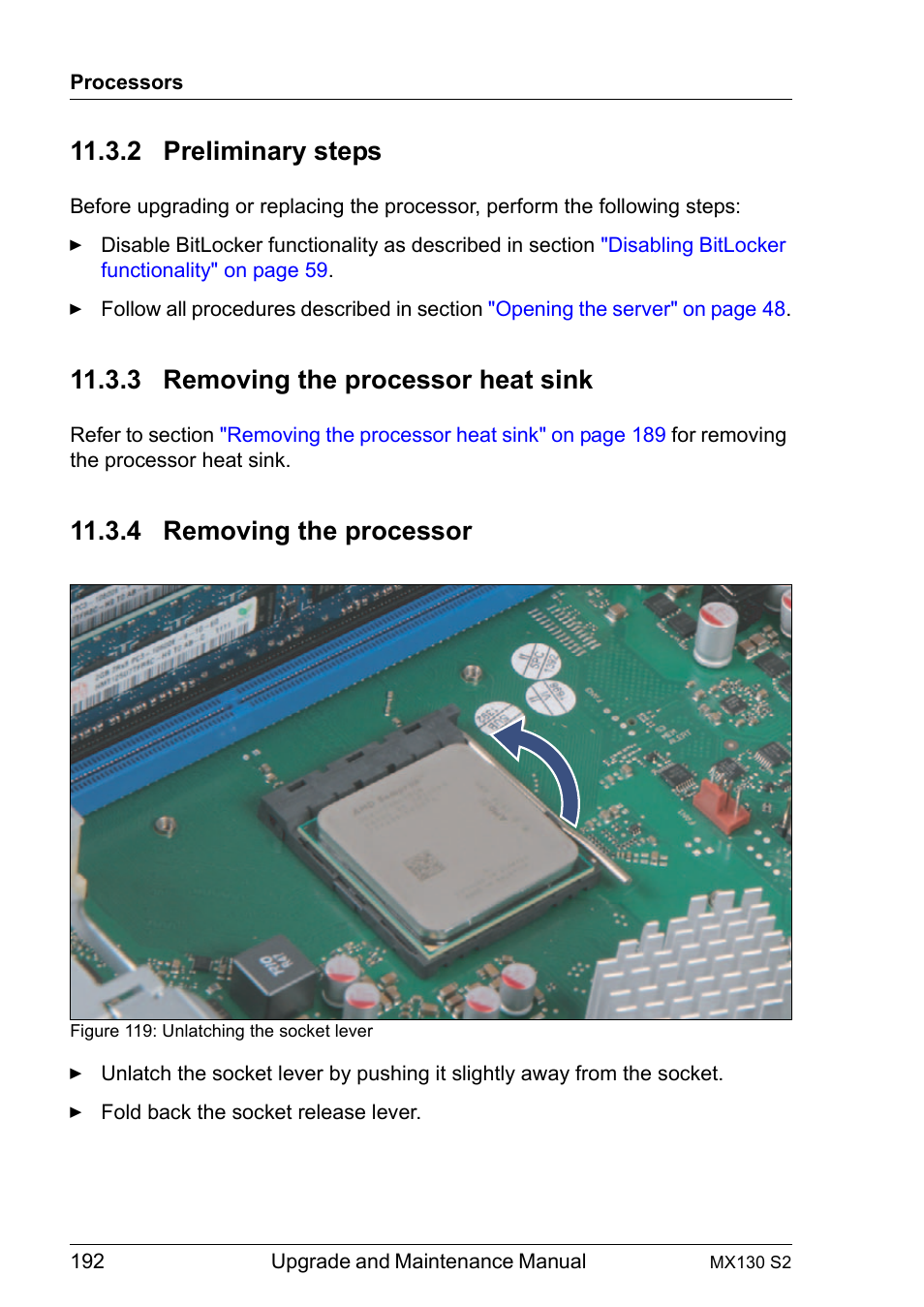 2 preliminary steps, 3 removing the processor heat sink, 4 removing the processor | Preliminary steps, Removing the processor heat sink, Removing the processor | FUJITSU PRIMERGY MX130 S2 User Manual | Page 192 / 256