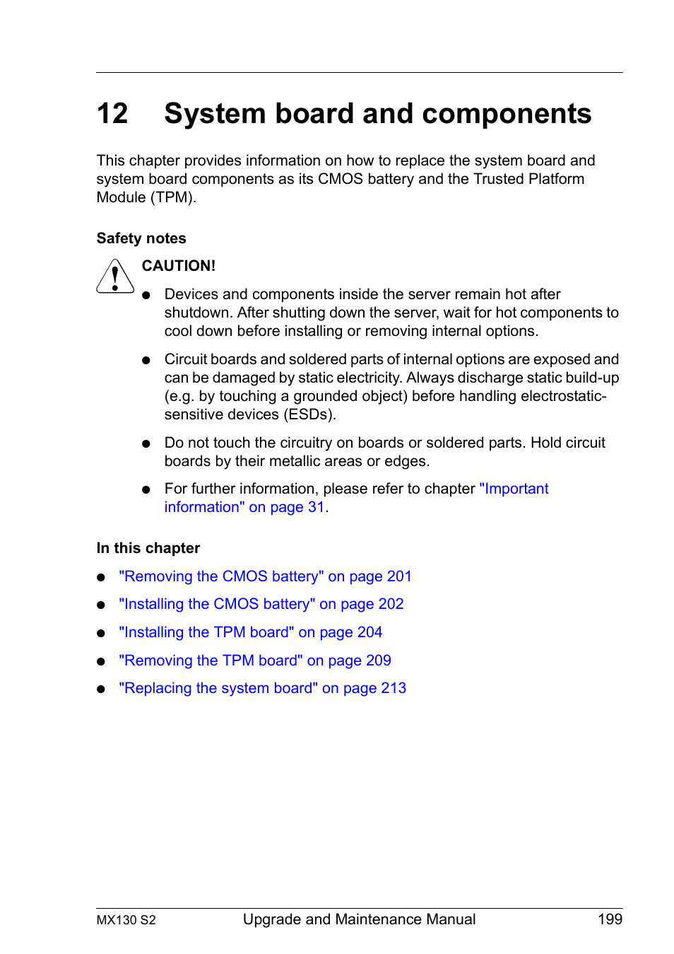 12 system board and components, System board and components | FUJITSU PRIMERGY MX130 S2 User Manual | Page 199 / 256