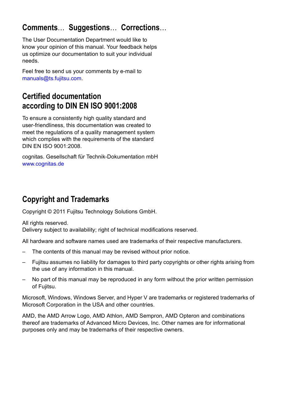 Comments … suggestions … corrections, Copyright and trademarks | FUJITSU PRIMERGY MX130 S2 User Manual | Page 2 / 256