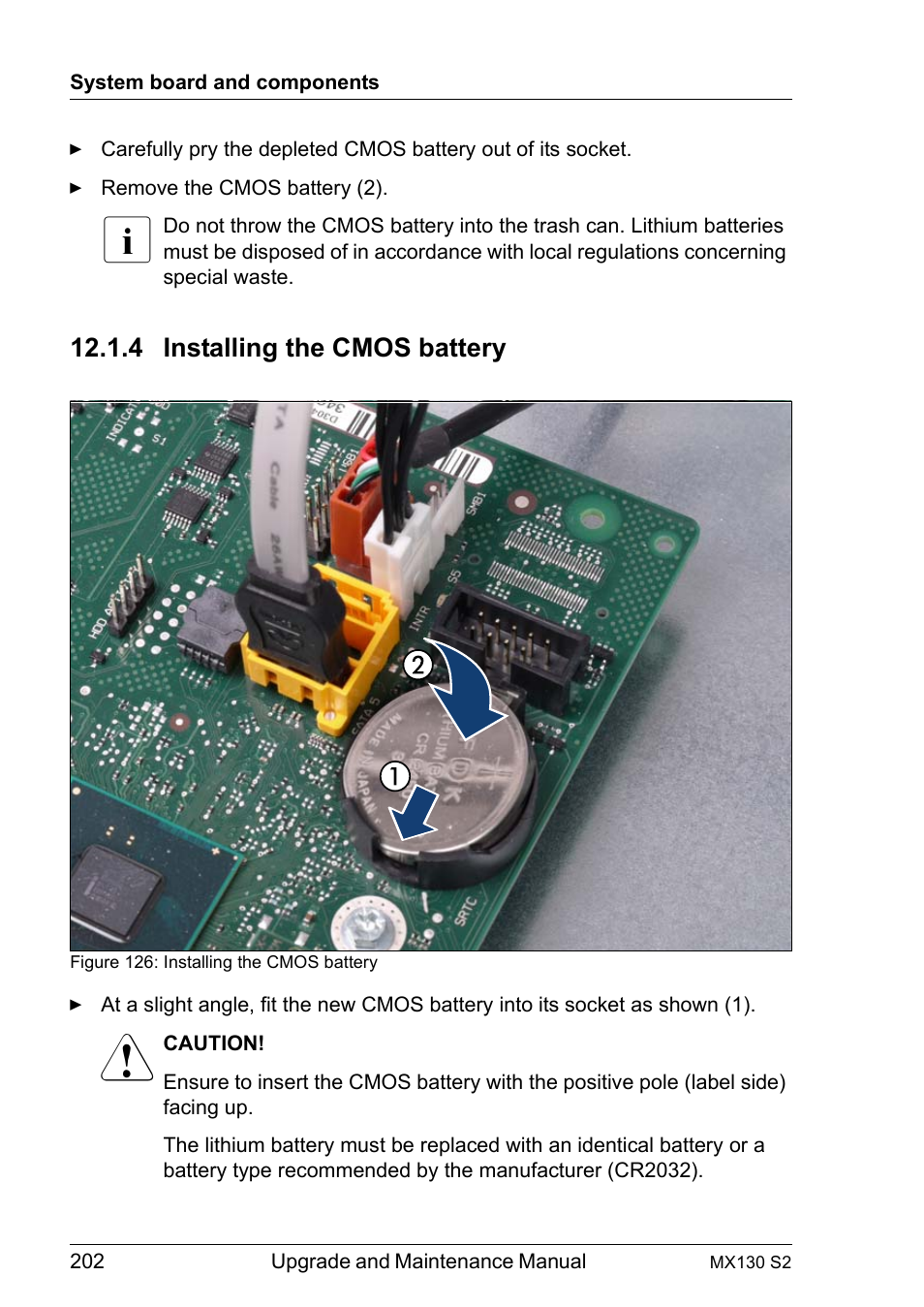 4 installing the cmos battery, Installing the cmos battery | FUJITSU PRIMERGY MX130 S2 User Manual | Page 202 / 256