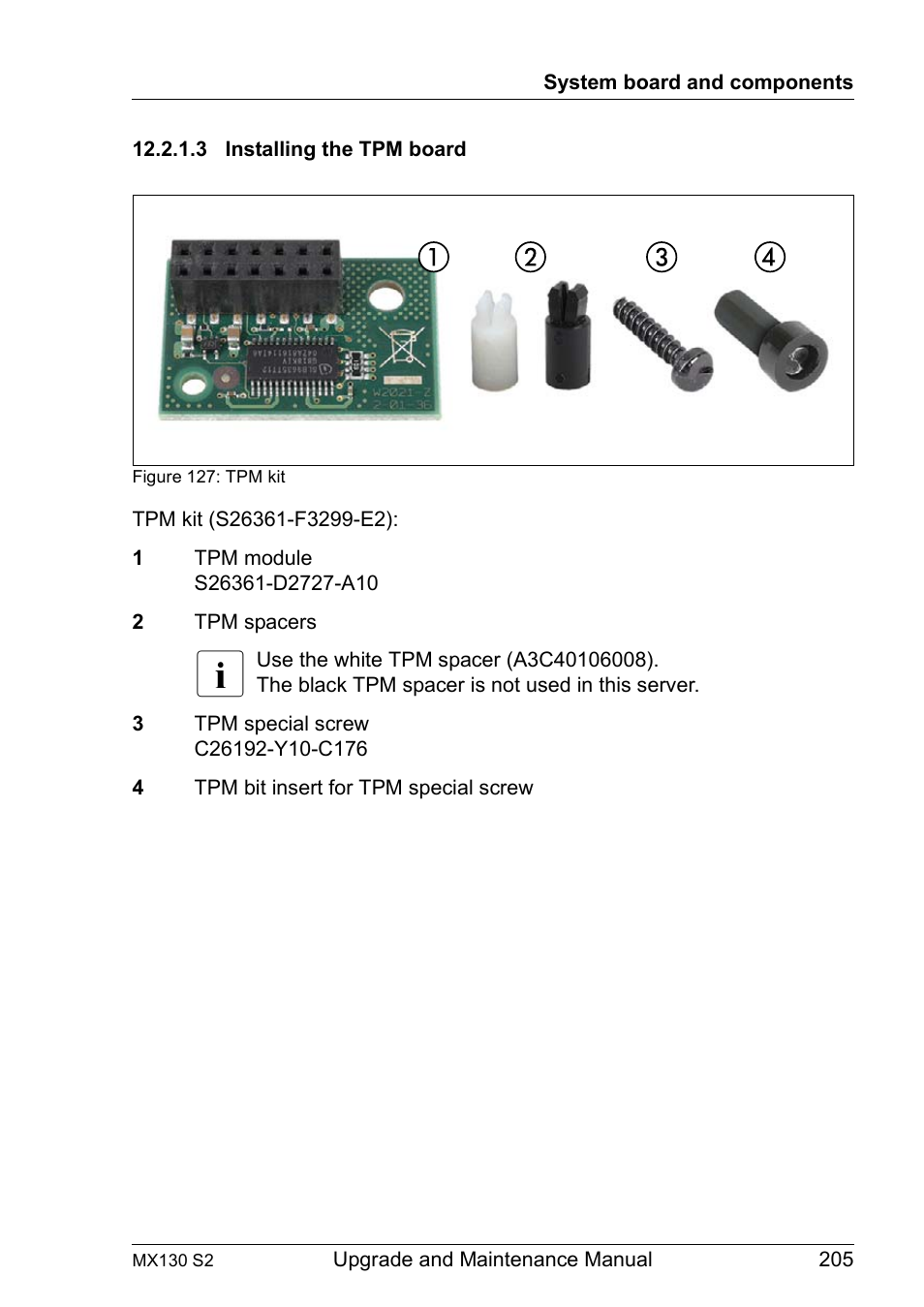 3 installing the tpm board, Installing the tpm board | FUJITSU PRIMERGY MX130 S2 User Manual | Page 205 / 256