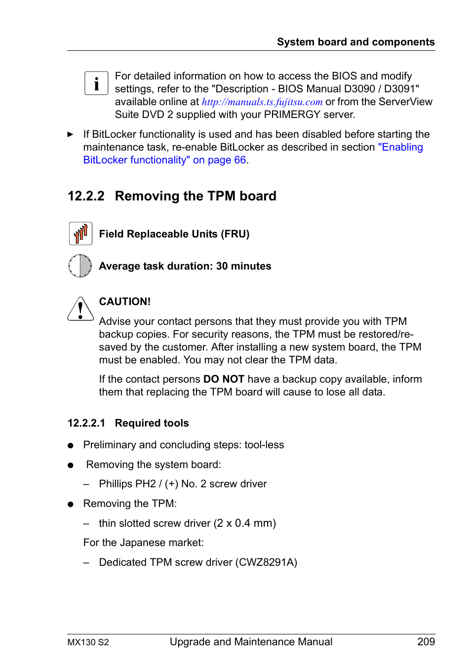 2 removing the tpm board, 1 required tools, Removing the tpm board | Required tools | FUJITSU PRIMERGY MX130 S2 User Manual | Page 209 / 256
