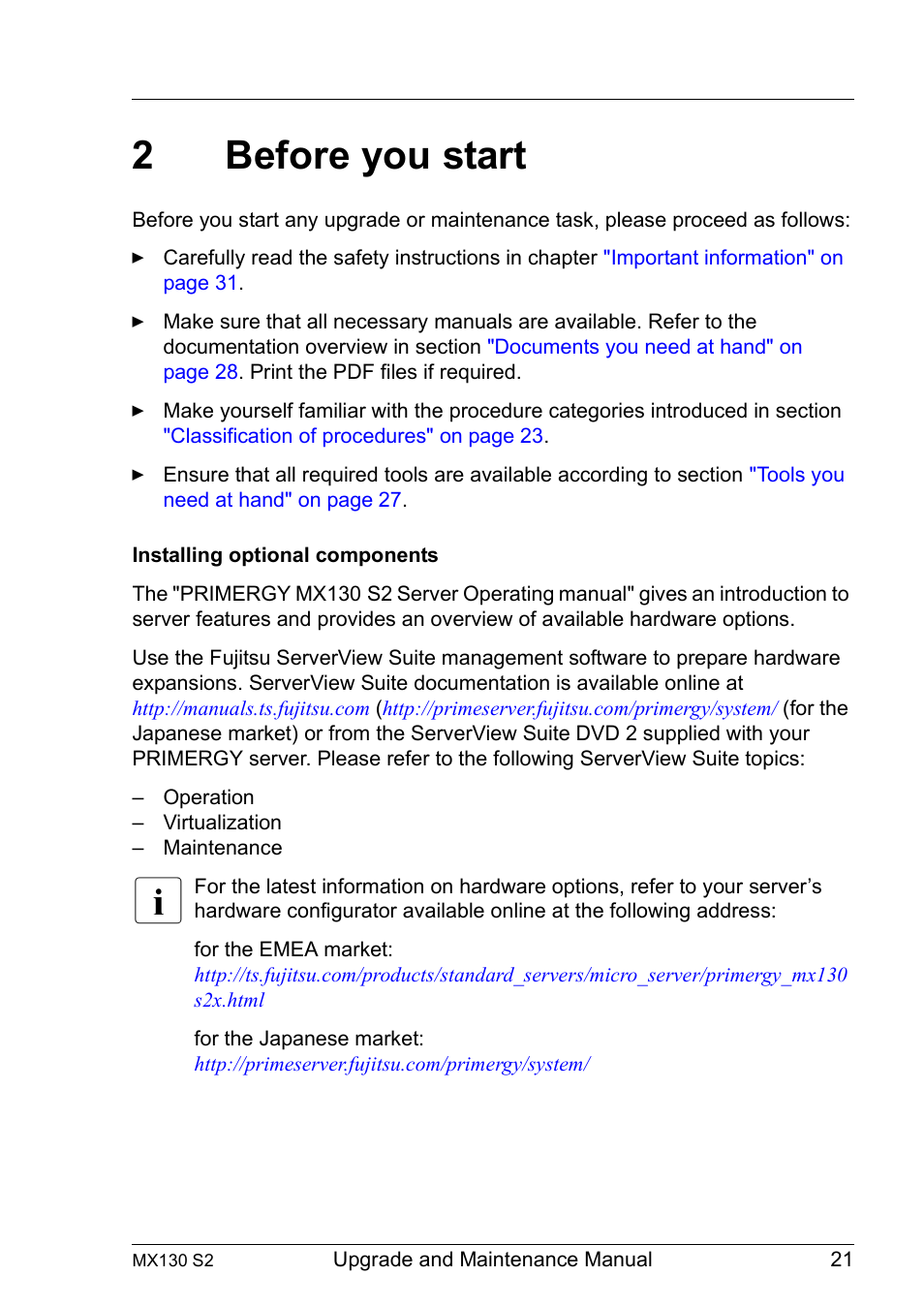 2 before you start, Before you start, 2before you start | FUJITSU PRIMERGY MX130 S2 User Manual | Page 21 / 256