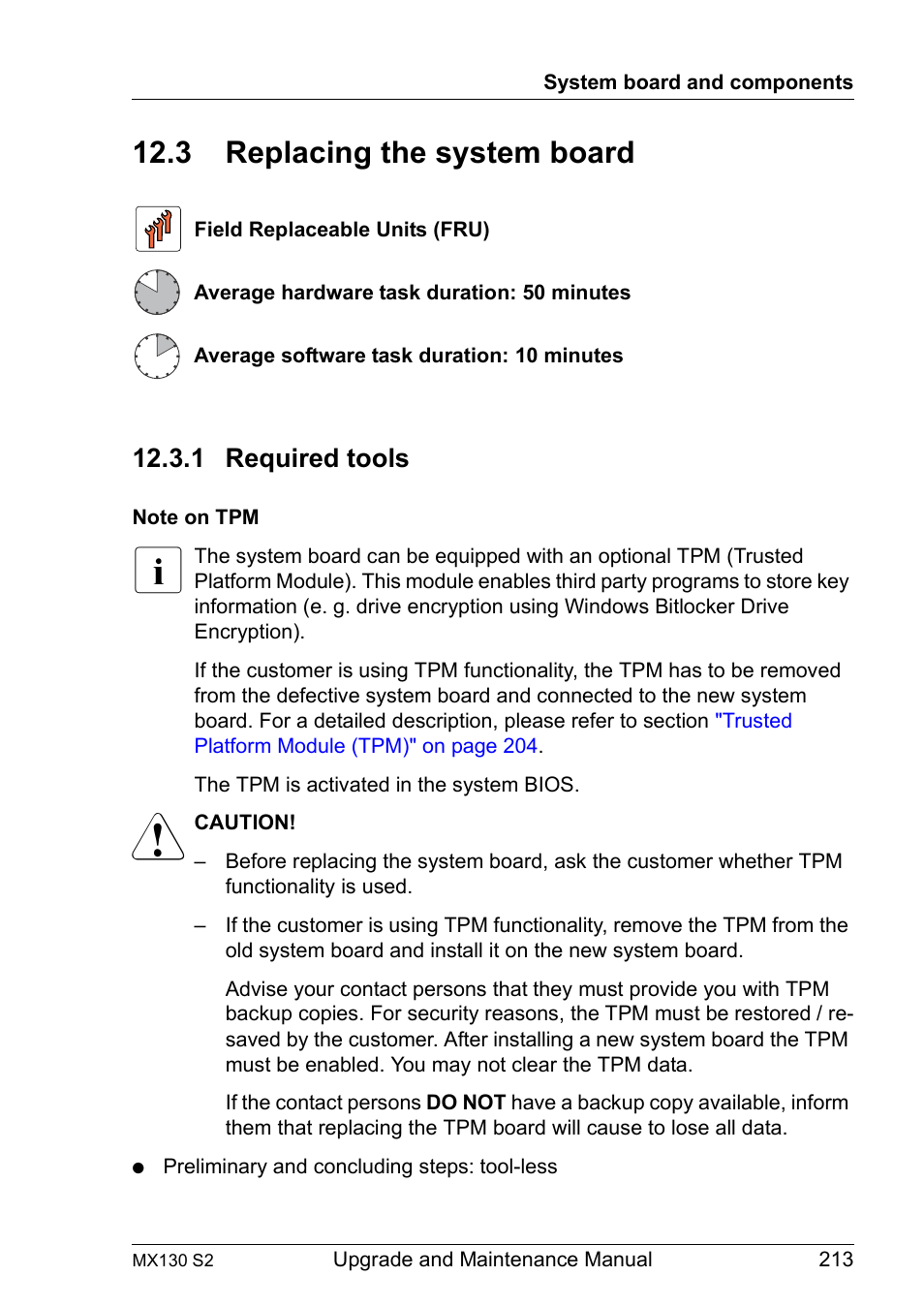 3 replacing the system board, 1 required tools, Replacing the system board | Required tools | FUJITSU PRIMERGY MX130 S2 User Manual | Page 213 / 256
