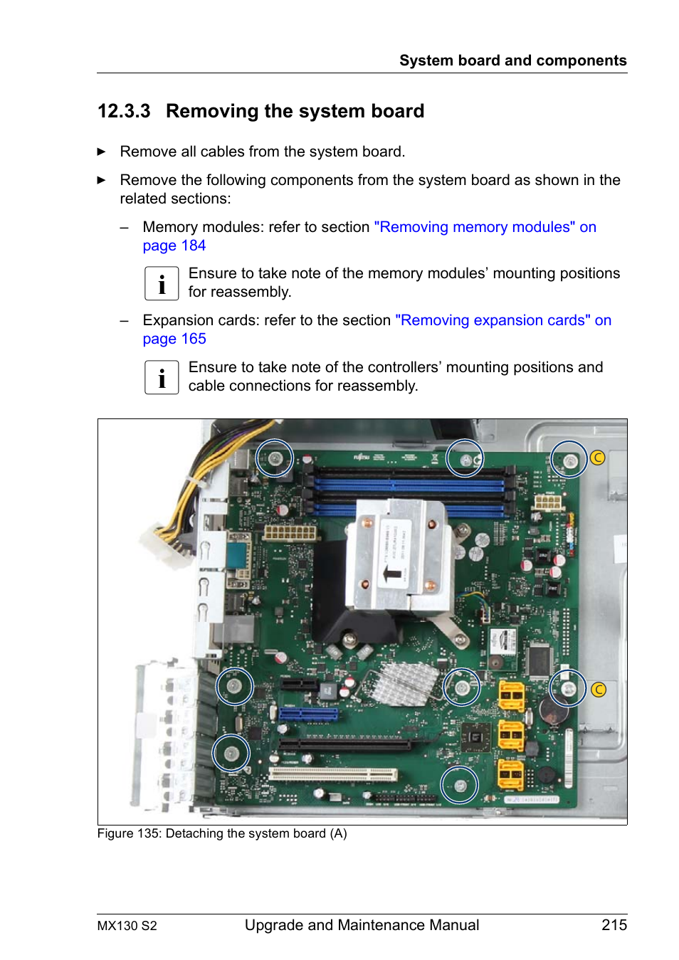 3 removing the system board, Removing the system board, Removing the system | FUJITSU PRIMERGY MX130 S2 User Manual | Page 215 / 256