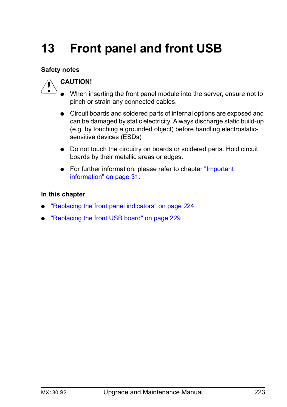 13 front panel and front usb, Front panel and front usb | FUJITSU PRIMERGY MX130 S2 User Manual | Page 223 / 256