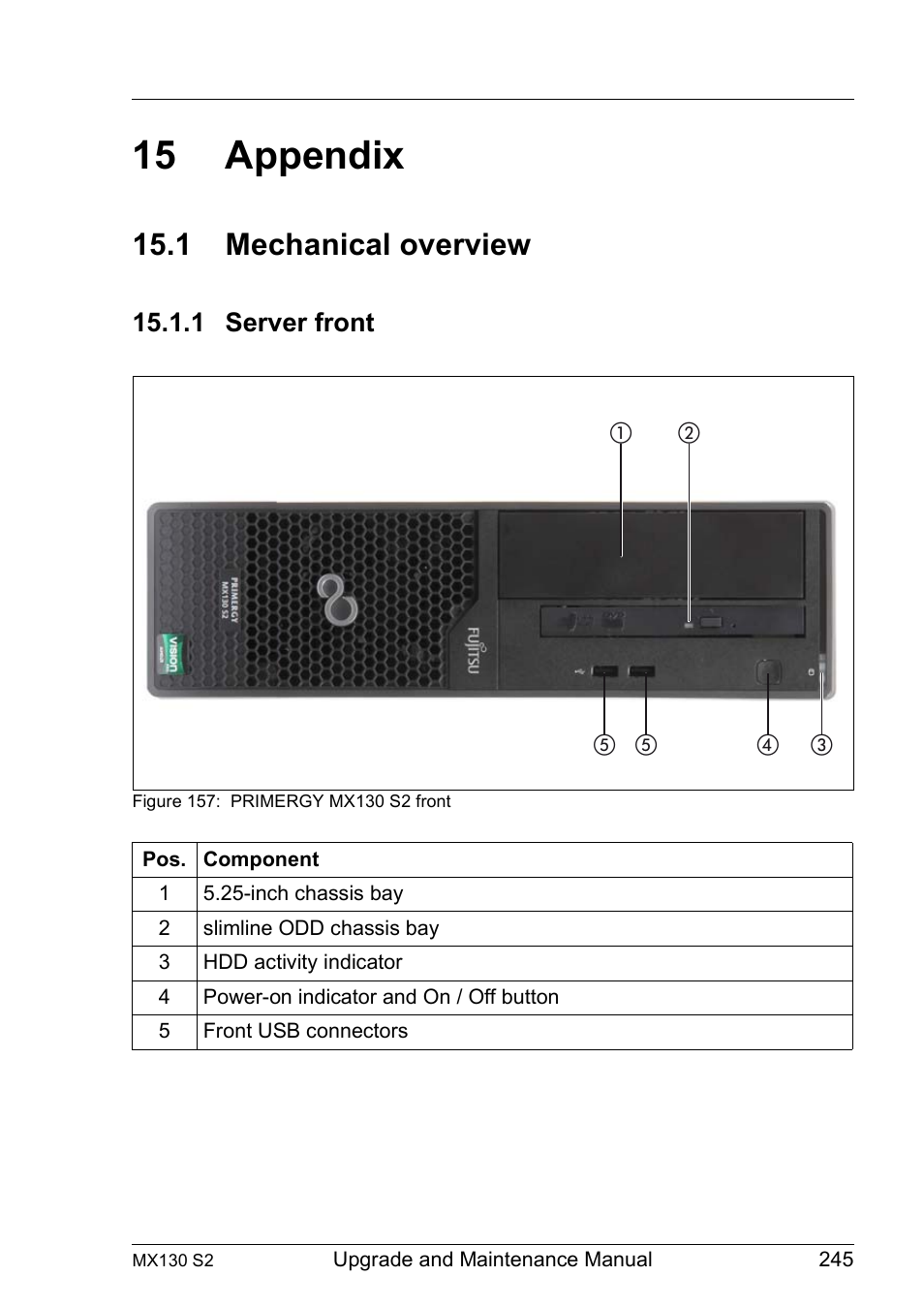 15 appendix, 1 mechanical overview, 1 server front | Appendix, Mechanical overview, Server front | FUJITSU PRIMERGY MX130 S2 User Manual | Page 245 / 256