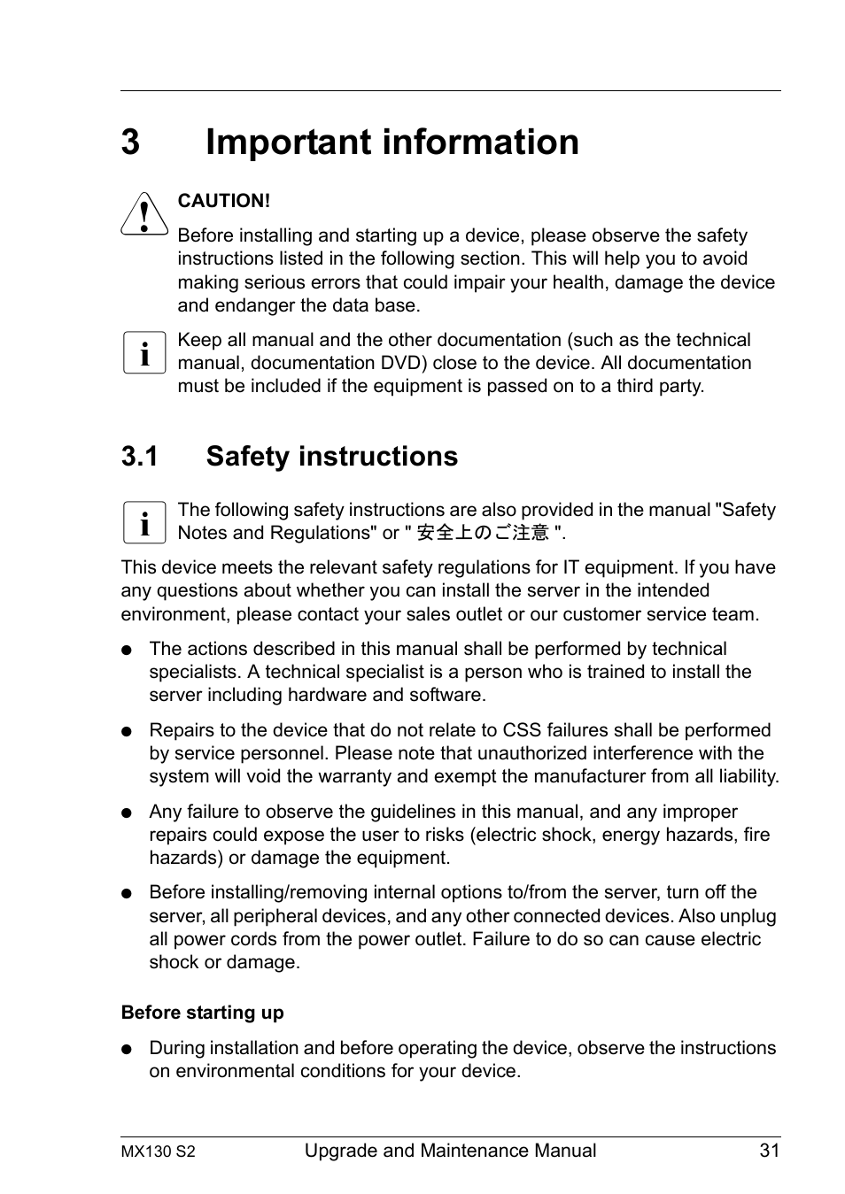 3 important information, 1 safety instructions, Important information | Safety instructions, Important information" on, 3important information | FUJITSU PRIMERGY MX130 S2 User Manual | Page 31 / 256