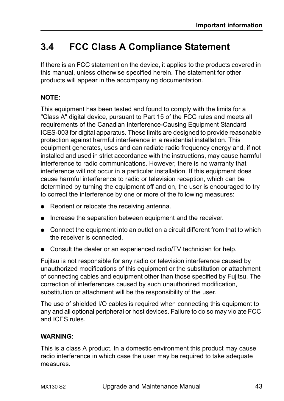 4 fcc class a compliance statement, Fcc class a compliance statement | FUJITSU PRIMERGY MX130 S2 User Manual | Page 43 / 256