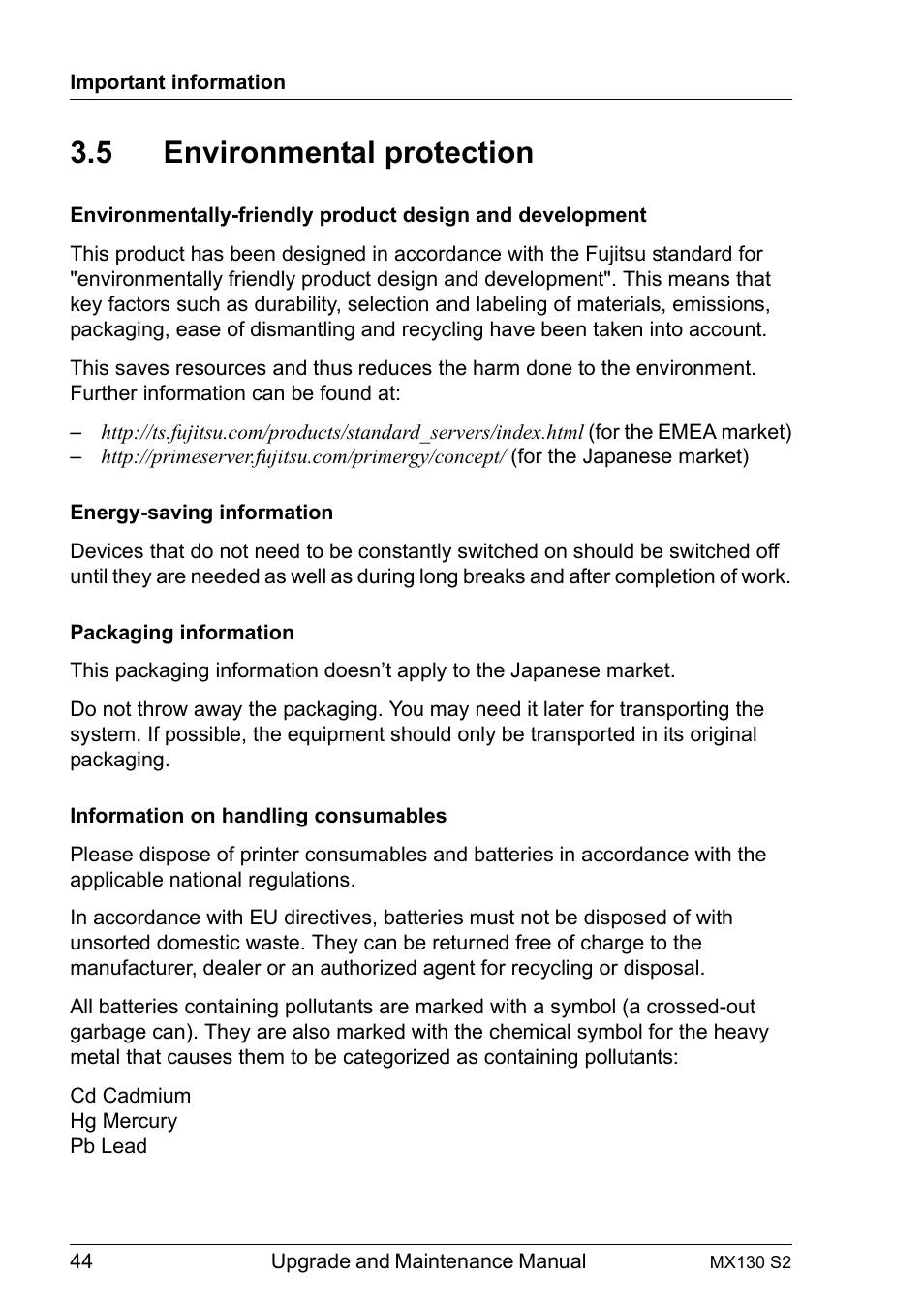 5 environmental protection, Environmental protection | FUJITSU PRIMERGY MX130 S2 User Manual | Page 44 / 256