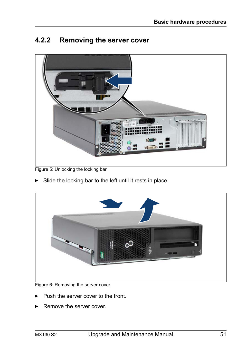 2 removing the server cover, Removing the server cover | FUJITSU PRIMERGY MX130 S2 User Manual | Page 51 / 256