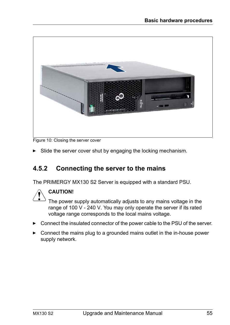 2 connecting the server to the mains, Connecting the server to the mains | FUJITSU PRIMERGY MX130 S2 User Manual | Page 55 / 256