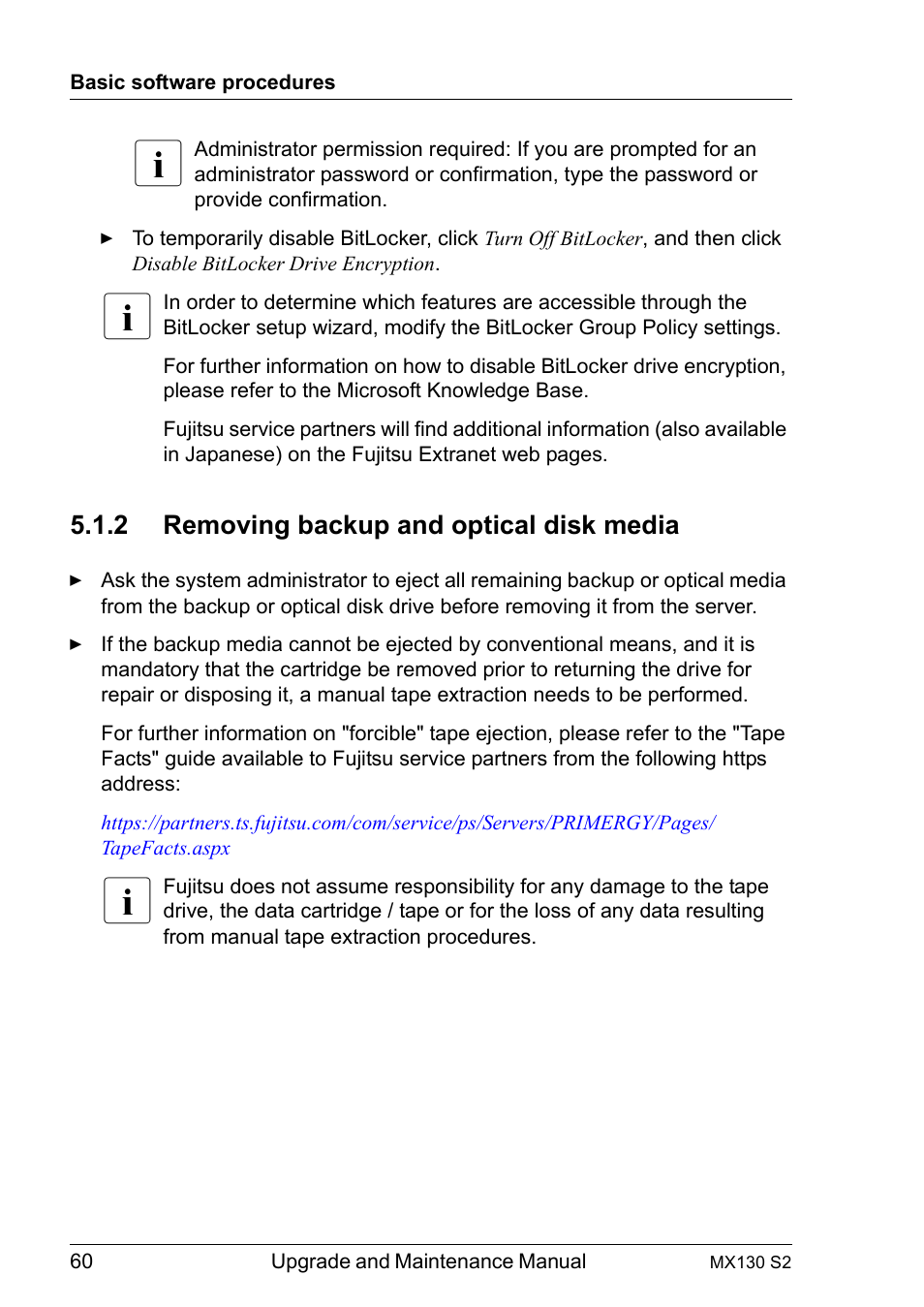 2 removing backup and optical disk media, Removing backup and optical disk media, Removing backup and optical disk media" on | FUJITSU PRIMERGY MX130 S2 User Manual | Page 60 / 256