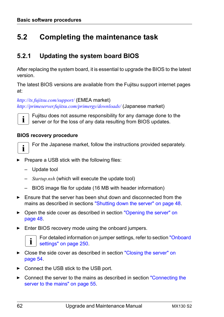2 completing the maintenance task, 1 updating the system board bios, Completing the maintenance task | Updating the system board bios | FUJITSU PRIMERGY MX130 S2 User Manual | Page 62 / 256