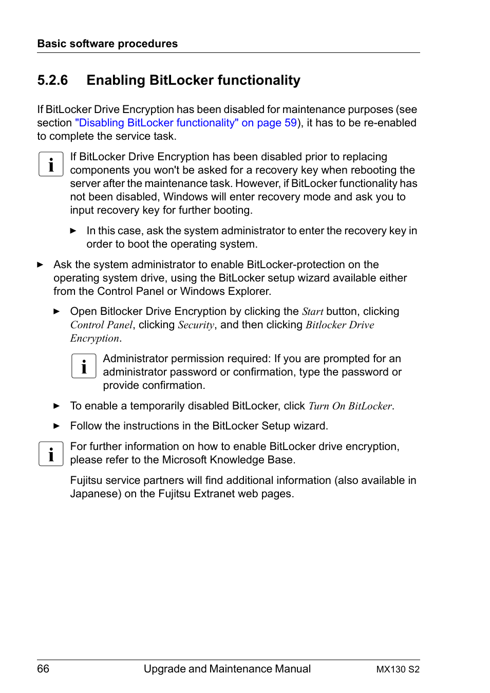 6 enabling bitlocker functionality, Enabling bitlocker functionality | FUJITSU PRIMERGY MX130 S2 User Manual | Page 66 / 256